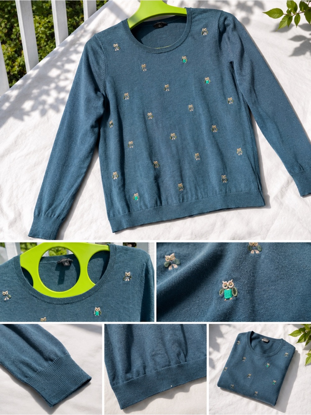 Talbots Teal Crewneck Sweater with Tiny Owl Embroidery
